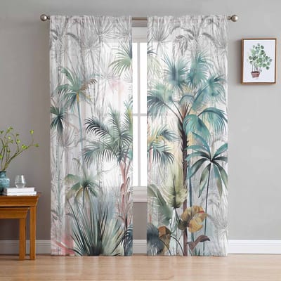 Tropische Plant Palmboom Transparante Gordijnen voor Woonkamer Decoratie Raamgordijnen voor Keuken Tule Voile Organza Gordijnen W135 x H115cm x1 white