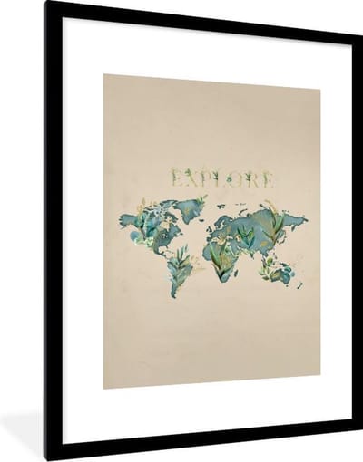 Poster in lijst - Fotolijst 60x80 cm - Posters - Wereldkaart - Turquoise - Planten - Posterlijst zwart - Decoratie - Wanddecoratie woonkamer - Muurdecoratie slaapkamer
