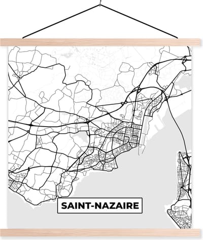 Posterhanger incl. Poster 40x40 cm - Schoolplaat - Stadskaart - Plattegrond - Kaart - Saint-Nazaire - Frankrijk - Zwart wit - Textielposter - Blanke latten - Stadskaart