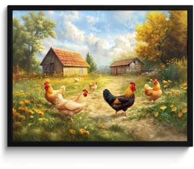 Poster in lijst - Fotolijst 70x50 cm - Posters - Kippen - Landelijke rust - Natuur - Posterlijst zwart - Decoratie - Wanddecoratie woonkamer - Muurdecoratie slaapkamer