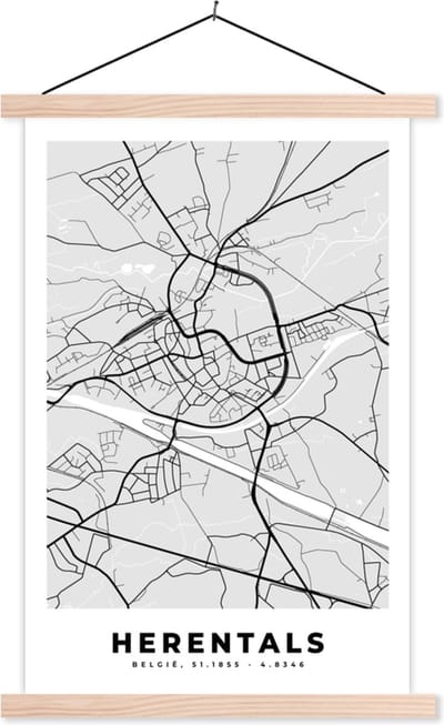 Posterhanger incl. Poster 40x60 cm - Schoolplaat - Zwart Wit – België – Plattegrond – Stadskaart – Kaart – Herentals - Textielposter - Blanke latten - Stadskaart