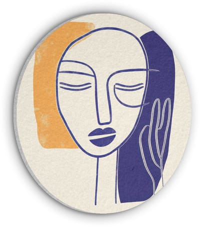 Akoestisch wandpaneel rond 30x30 cm - Vilt schilderij Minimalistisch - Gezicht - Hand - Oranje - Blauw - Ronde akoestische panelen - Geluidsdempende wanddecoratie - Geluidsisolatie wandcirkel - Muurdecoratie geluidspanelen