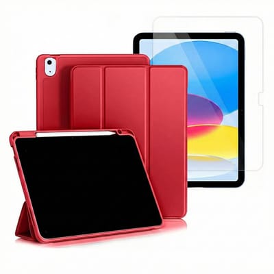 Hoes en Glas Geschikt voor Apple iPad 2025 (A16) & 2022 10e Gen - Rood - Casemania Smart Cover met Pencil Houder Uitsparing & Glazen Screenprotector