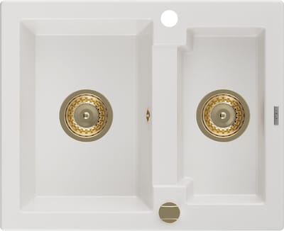 Mexen Carlos granieten gootsteen 1,5-compartimenten 582 x 475 , wit, gouden sifon - 6518581500-20-G