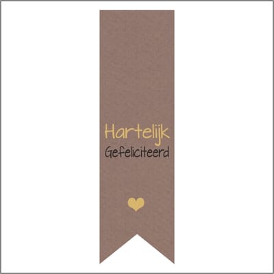 Sticker - "HARTELIJK GEFELICITEERD" - Etiket - Vaantje - 85x25mm - Bruin/Zwart/Goud - Hoogwaardige Kwaliteit - Sluitzegel - Inpak Sticker