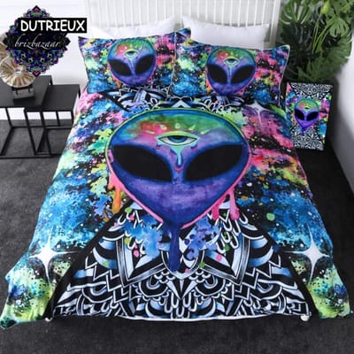 Alien UFO Dekbedovertrek Queen Jongens Kinderen Bovennatuurlijke Marswezens Van Andere Planeten Hoofd Van Een Alien Polyester Dekbedovertrek 140x200cm 3pcs