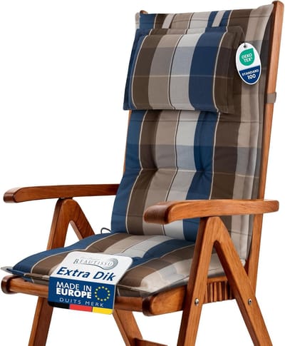 Tuinkussen Hoge Rug - Stoelkussen Buiten - Comfortabel Zitten - 7cm Dikke Vulling - 120x50cm - Bruin Blauw Geruit