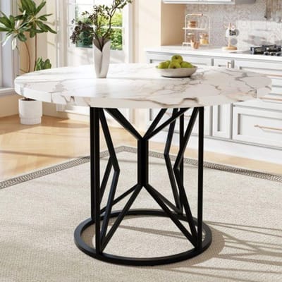 Ronde eettafel - MUVOE - 100x100cm - Geometrische poten - 4 personen - MDF marmerlook wit