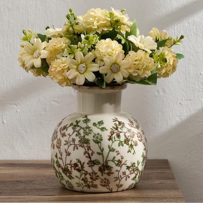 Antieke vaas in groen en beige, 15 cm hoog, Chinoiserie bloemenmotief, rustieke keramische vaas voor woninginrichting, woonkamer, boekenplank, kantoor en entree, grote decoratie voor millennials en Chinoiserie stijl
