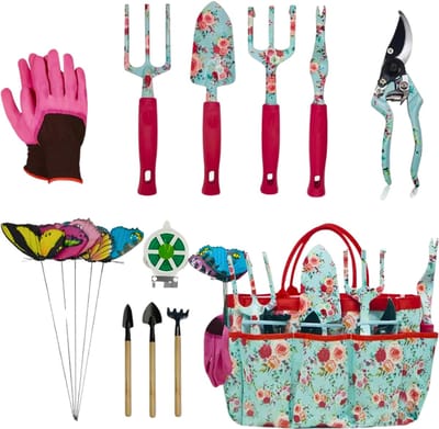 16-Delige Tuingereedschapset – Heavy Duty & Roestbestendig – Inclusief Snoeischaar & Grote Opbergtas – Tuincadeau Voor Dames En Heren (Rode Bloemen)
