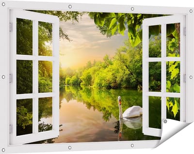 Gards Tuinposter Doorkijk Zwaan op het Water in het Bos - 120x80 cm - Tuindoek - Tuindecoratie - Wanddecoratie buiten - Tuinschilderij