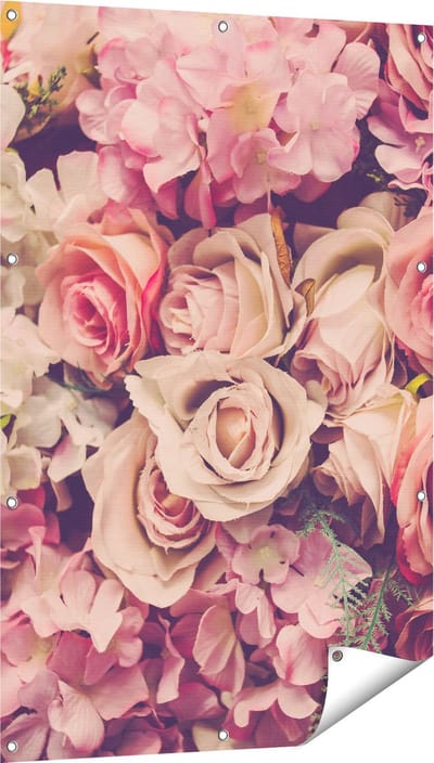 Gards Tuinposter Roze Rozen Achtergrond - Retro - Bloemen - 80x120 cm - Tuindoek - Tuindecoratie - Wanddecoratie buiten - Tuinschilderij