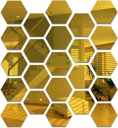 Set van 24 Hexagonale Acryl Gouden Wandspiegel Stickers voor Decoratie, Zelfklevende Spiegeltjes voor Slaapkamer en Woonkamer, Aesthetisch en Modern (6.3cm)
