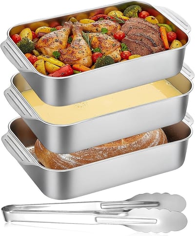 Set van 3 Stapelbare RVS Paneerkommen met Tangen voor Het Paneer van Vlees, Vis en Groenten - 32 x 19 x 5 cm