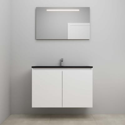 On-Line Badkamermeubelset - 100 cm - Bouwpakket - Greeploze Ladestructuur - Acryl Wastafel - 1 Kraangat - Spiegel met LED-Verlichting - Hoogglans Wit