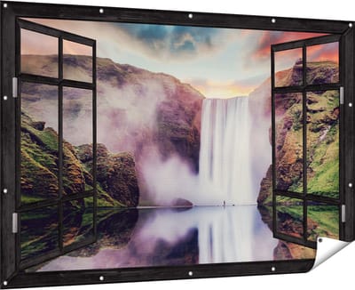 Gards Tuinposter Doorkijk Waterval met een Weerspiegeling in het Water - 180x120 cm - Tuindoek - Tuindecoratie - Wanddecoratie buiten - Tuinschilderij