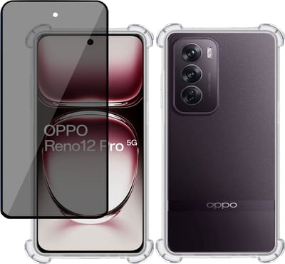 Hoesje + Privé Screenprotector geschikt voor OPPO Reno 12 – Privacy Tempered Glass - Case Transparant