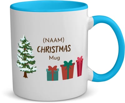 Akyol - kerst kerstboom met cadeautjes met eigen naam koffiemok - theemok - blauw - Kerstmis - kerst beker - winter - kerst - christmas - kerst cadeau - 350 ML inhoud