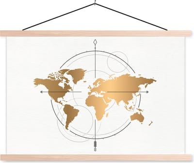 Wereldkaart Goud Kompas schoolplaat platte latten blank 150x100 cm - Foto print op textielposter (wanddecoratie woonkamer/slaapkamer)