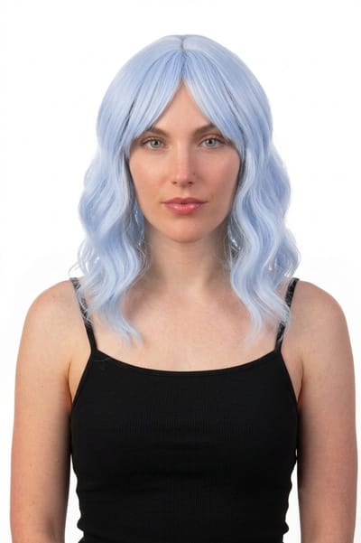 KIMU® Luxe Lichtblauwe Pruik Schouderlengte - Schuine Pony Krullen - Blauw Lichtblauw Zeemeermin Fantasy Eenhoorn Unicorn Festival