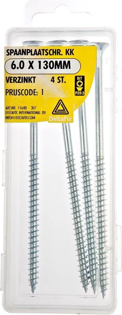Houtschroeven. 6.0x130mm. lang. Spaanplaatschroef kruiskop- Verzinkt 4 stuks, Deltafix.