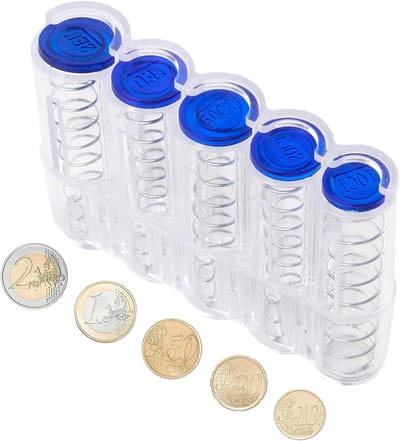 Muntenbox met 5 vakken voor 2 euro, 1 euro, 50 cent, 20 cent en 10 cent munten - transparant, compact en geschikt voor in de auto