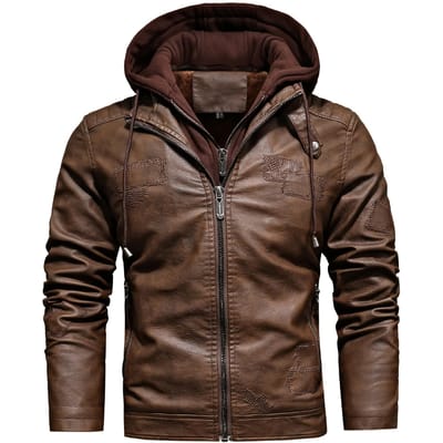 Veste PU Homme Manches Longues et Fermeture Éclair avec Col Montant, Poches Zippées et Capuche Amovible, Veste Chic et Élégante Coupe Ajustée pour l'Extérieur XXXL brun foncé
