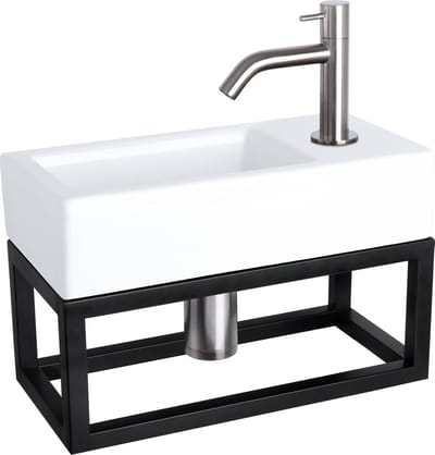 Differnz Ravo Fonteinset 38.5x18.5x25cm 1 kraangat gebogen mat chrome kraan met sifon en afvoerplug fontein Rechthoek Keramiek Wit
