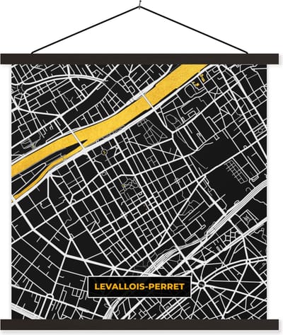 Posterhanger incl. Poster 60x60 cm - Schoolplaat - Plattegrond - Levallois-Perret - Stadskaart - Frankrijk - Kaart - Textielposter - Zwarte latten - Stadskaart