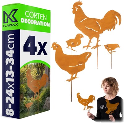 KADAX tuindecoratie kippenfamilie van cortenstaal, 4-delige set met hanen, een haan en 2 kuikens, metalen tuindecoratie in roestlook, decoratie van patina voor in de tuin