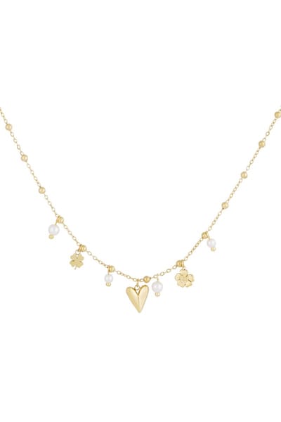 Lucky Girl Necklace - Gold kleur - RVS - Klaver - Parel - Hart - Liefde - Ketting - Statement ketting