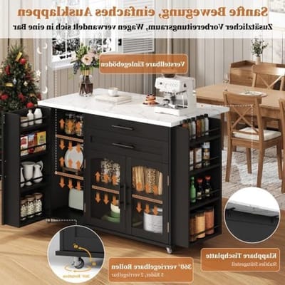 Vouwbaar en Verplaatsbaar Keukeneiland: Mobiele Keuken Trolley met Wielen, 120x45(70)x90 cm, Dressoir met Laden en Kruidenset, Ideaal voor Keuken en Terras