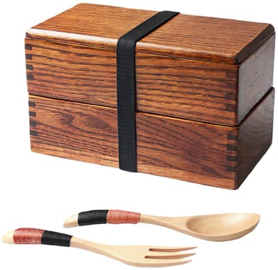 Dailygoods- Bento Lunchbox - Dubbellaags - Houten - Natuurlijke kleur - Inclusief lepel/vork - Duurzaam materiaal - Geschikt voor school/reizen