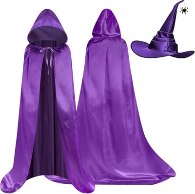 Heksachtige Cape met Kap voor Halloween en Feestjes, Inclusief Hoed en Handschoenen, 2-delige Kostuumset voor Verkleedpartijen en Carnaval