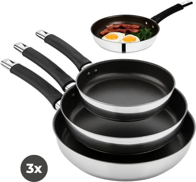 Lomera RVS Koekenpannenset – Inductie Geschikt – Snelle Warmtegeleiding – Siliconen Handgreep – Ø18 / Ø20 / Ø24 cm – 3-Delige Set – Geschikt voor Alle Warmtebronnen – RVS Handgrepen – Duurzame Materialen – Hittebestendige Handgreep – Kookgerei Set