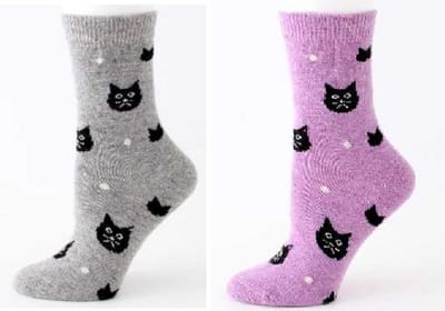 Dames Wol Sokken - 2 paar - Huissokken - Wandelsokken - grijs - leuke print zwarte kat - 36 - 40 - warm - cadeau voor haar - gift - geschenk - Kerst cadeau