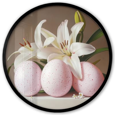 Poster in lijst Rond - Fotolijst 40x40 cm - Posters - Lelies - Eieren - Pasen - Ronde posterlijst zwart - Decoratie - Wanddecoratie woonkamer - Muurdecoratie slaapkamer
