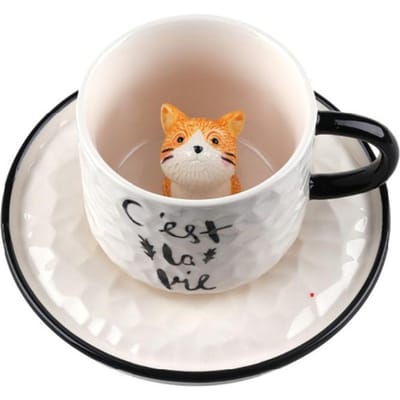 Keramische Koffiekopjes en Schoteltjes voor Stelletjes, Melkkopje, Leuke Kat Meisje Mok, Eenvoudige Literaire Afternoon Tea 200ml