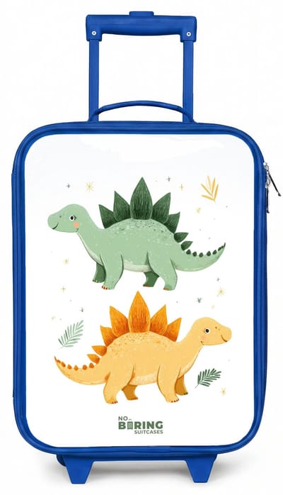 NoBoringSuitcases.com® - Kinderkoffer blauw - Kindertrolley jongen - Vrolijke stegosaurusvrienden - Koffer kind lichtgewicht - Reiskoffer trolley voor kinderen - Koffertje met lichtgevende wieltjes - Rolkoffer