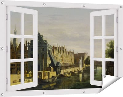 Gards Tuinposter Doorkijk De Waag en de Kraan aan het Spaarne te Haarlem - Gerrit Adriaensz Berckheyde - 120x80 cm - Tuindoek - Tuindecoratie - Wanddecoratie buiten - Tuinschilderij