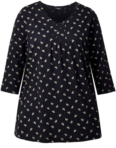 Ulla Popken - Dames - Shirt bloemen A-lijn V-hals 3/4-mouwen - Zwart - Maat 42+