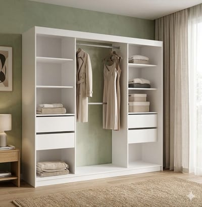 Kledingkast met Lamellen en Spiegel 180 x 61 x 216 cm Bruin Wit Artisan 3-Deurs Schuifdeurkast met Laden Planken en Kledingstangen Moderne Garderobekast Urbanhome