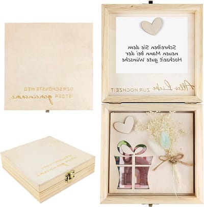 Geldcadeau voor bruiloft, originele geldgeschenken voor het bruidspaar, ideaal als huwelijkscadeau, 14×14×3.5cm (houtkleur)