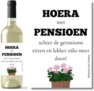 Wijnetiket Hoera met Pensioen – Cadeau voor Pensioenfeest – 10,5x14,8 cm