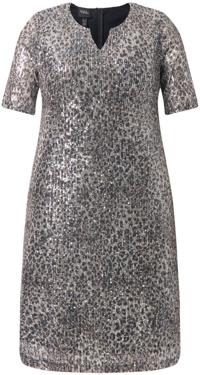 Ulla Popken - Dames - Paillettenjurk luipaardmotief A-lijn korte mouwen - Beige - Maat 42
