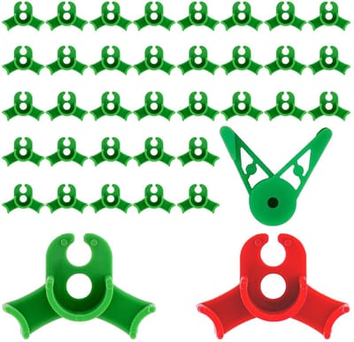 Plantenclipset, 50 rode en 50 groene 90° Low Stress trainingsclips plus 20 stuks 360° draaibare plantenbuigers, plantenclips voor zacht buigen en plantenbegeleiding
