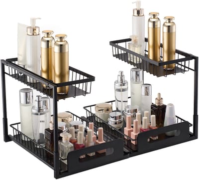 Kastorganizer met 2 Niveaus (27,6 Cm Breed X 36,6 Cm Diep), Organiser En Opberger voor Onder De Gootsteen, Kastindeling met Uittrekbare Lade, Schuifplank met Draadmand