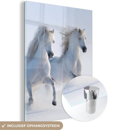 MuchoWow® Glasschilderij 30x40 cm - Schilderij acrylglas - Winter - Paarden - Sneeuw - Foto op glas - Schilderijen