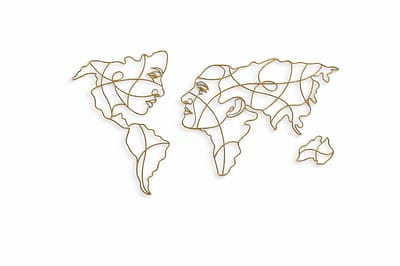 Metalen Wereldkaart Wanddecoratie – Gezicht Design – 70 x 122 cm – Goud