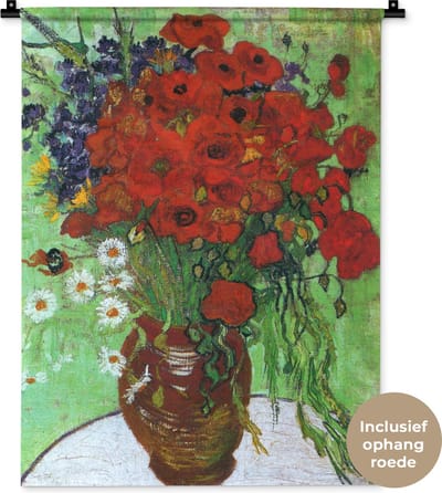 Wandkleed Vincent van Gogh 2 - Vaas met rode papavers en madeliefjes - Schilderij van Vincent van Gogh Wandkleed katoen 60x80 cm - Wandtapijt met foto